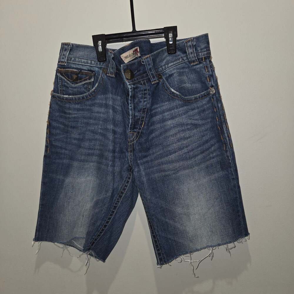 MEK Denim Men's Embroidered Flap Pocket Cut-Off Denim Jean Shorts